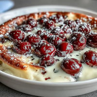 Fresh Cherry Clafoutis: Juicy cherries baked in a golden, creamy vanilla bean custard.