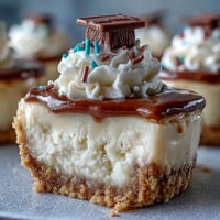 Miniature cheesecake bites with creamy filling and buttery graham cracker crust, perfect for graduation celebrations.