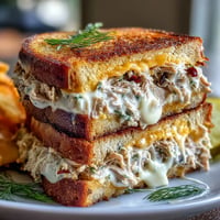 Golden, crispy tuna melt sandwich with molten cheese and dill pickles, perfect.