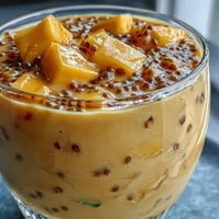 Creamy mango coconut chia smoothie with vibrant tropical flavors and a thick, refreshing texture.  